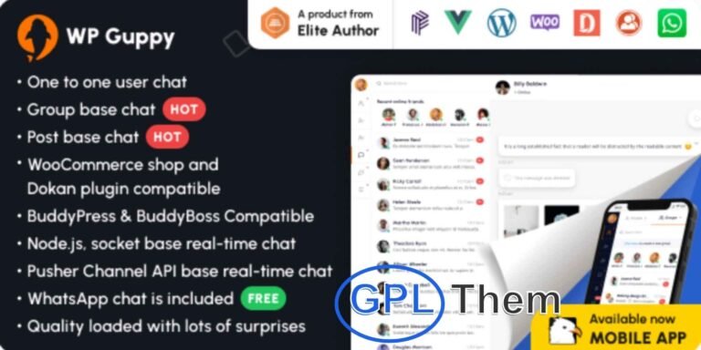 WP Guppy Pro – Advanced Live Chat Plugin for WordPress, WooCommerce & BuddyPress WP Guppy Pro is a powerful and feature-rich live chat plugin designed specifically for WordPress, WooCommerce, and BuddyPress websites. Engineered with precision to meet real market demands, this plugin delivers seamless communication without compromising performance or quality.