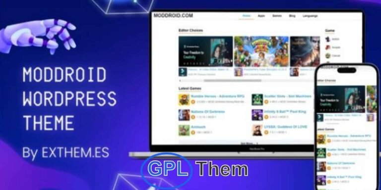 Moddroid WordPress Theme by exthem.es – With License Key Moddroid WordPress Theme is a powerful, all-in-one solution built specifically for APK download websites. Designed by exthem.es, this premium theme allows you to effortlessly publish over 1,000+ APK apps or games in just a few clicks—without the need for copy-pasting or manual entry.