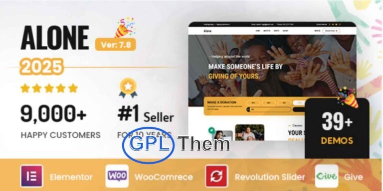 Alone – Charity, Non-Profit & NGO Multipurpose WordPress Theme Alone is a powerful, modern, and highly flexible WordPress theme designed specifically for charities, non-profit organizations, NGOs, churches, political campaigns, and fundraising events. Packed with 20+ beautifully crafted demo layouts, this theme is perfect for any cause-driven project that aims to make a real impact.
