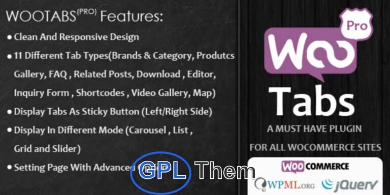 WooCommerce Tabs Pro – Add Custom Product Tabs for Enhanced Product Pages WooCommerce Tabs Pro is a powerful plugin that allows you to add unlimited custom tabs to your WooCommerce product pages. Improve your product presentation by organizing information into separate, easy-to-navigate tabs—such as FAQs, size charts, videos, shipping details, and more.