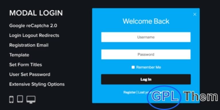 Modal Login, Register & Forgot Password – WordPress User Authentication Plugin Enhance your WordPress site’s user experience with the Modal Login, Register & Forgotten Password Plugin. This powerful tool allows you to add sleek, popup modal forms for user login, registration, and password recovery—streamlining the entire authentication process without page reloads.