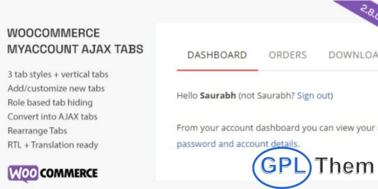 SS WooCommerce MyAccount Ajax Tabs – Customize & Enhance My Account Pages SS WooCommerce MyAccount Ajax Tabs is a lightweight and user-friendly plugin that allows you to customize and convert WooCommerce My Account tabs into fast-loading Ajax tabs. Improve the user experience by eliminating page reloads and making navigation within the customer dashboard seamless and efficient.