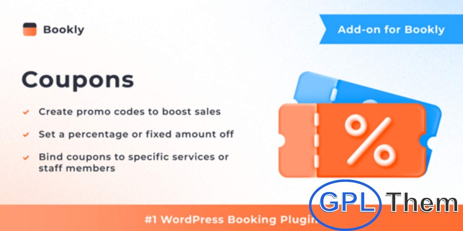 Bookly Coupons – Addon Bookly Coupons Add-on – Offer Discounts with Promo Codes for Bookly Appointments The Bookly Coupons Add-on is the perfect tool to boost bookings and attract new customers by offering discount codes for your services. Seamlessly integrated with Bookly PRO, this add-on enables clients to apply coupon codes at checkout, instantly reducing the service cost.
