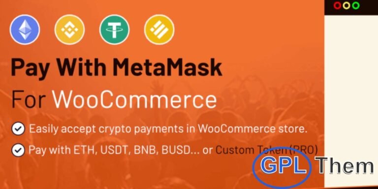 Pay With MetaMask for WooCommerce Pro – Accept Crypto Payments Seamlessly Enable cryptocurrency payments on your WooCommerce store with Pay With MetaMask for WooCommerce Pro. This premium plugin allows customers to pay using popular crypto assets like USDT, ETH, BNB, and more via web3 wallets including MetaMask, WalletConnect, Trust Wallet, and others.