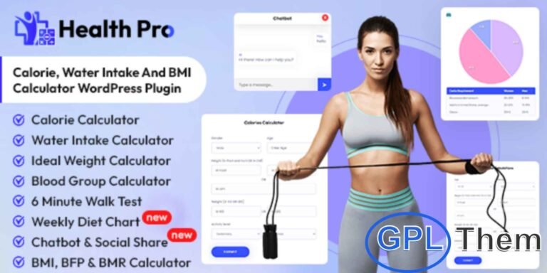 Health Pro – Calorie, Water Intake & BMI Calculator Plugin for WordPress Make your health and fitness website more interactive and valuable with Health Pro – a powerful WordPress plugin that helps users calculate their daily calorie needs, water intake, and Body Mass Index (BMI).