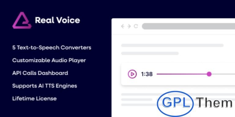 Real Voice – AI Text-to-Speech Plugin for WordPress Real Voice is a powerful and easy-to-use AI Text-to-Speech plugin for WordPress, designed to bring natural-sounding voice content to your website. With support for all major text-to-speech services like Google Cloud, Amazon Polly, Microsoft Azure, and IBM Watson, it delivers seamless voice integration—all in one affordable $29 plugin.