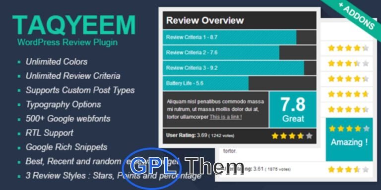 Taqyeem – Premium WordPress Review & Rating Plugin Enhance your WordPress site with beautiful and customizable reviews using Taqyeem. Easily add star ratings to posts, pages, or custom post types with full control over design. Choose from unlimited colors, Google Fonts, review styles, and custom rating criteria.