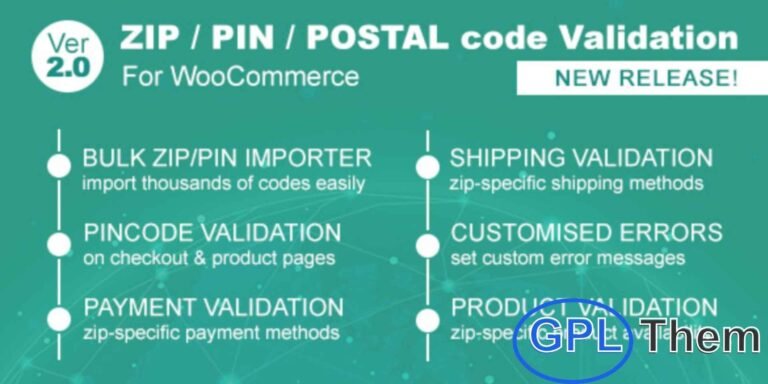 Zip/Pin/Postal Code Validator for WooCommerce – Restrict Orders by Location Enhance your WooCommerce store’s delivery management with the Zip/Pin/Postal Code Validator plugin. This powerful tool lets you restrict orders based on specific postal codes, ensuring you only accept orders from serviceable areas.