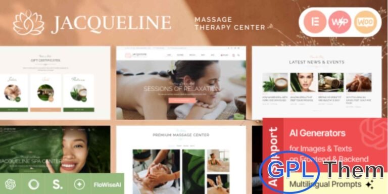 Jacqueline – Spa & Beauty Salon WordPress Theme with Elementor Jacqueline is a stylish and feature-rich WordPress theme designed specifically for spas, massage salons, wellness centers, and beauty service providers. With its elegant, responsive design and advanced functionality, Jacqueline is the perfect choice for creating a luxurious online presence.