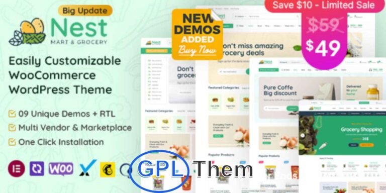 Nest – Grocery & Supermarket WooCommerce WordPress Theme Nest is a clean, modern WooCommerce WordPress theme built with Elementor page builder, designed specifically for online grocery stores, supermarkets, and multi-purpose eCommerce websites. Whether you're selling fresh produce, packaged goods, beverages, or organic products, Nest provides the perfect platform to build a professional and user-friendly online shop.