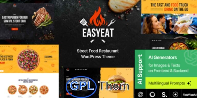 EasyEat – Street Food & Restaurant WordPress Theme EasyEat is a modern and stylish WordPress theme crafted for all types of food-related businesses. Whether you run a street food truck, fast food joint, café, bakery, restaurant, pizzeria, bistro, or bar, EasyEat provides everything you need to build a high-performing, visually compelling website.