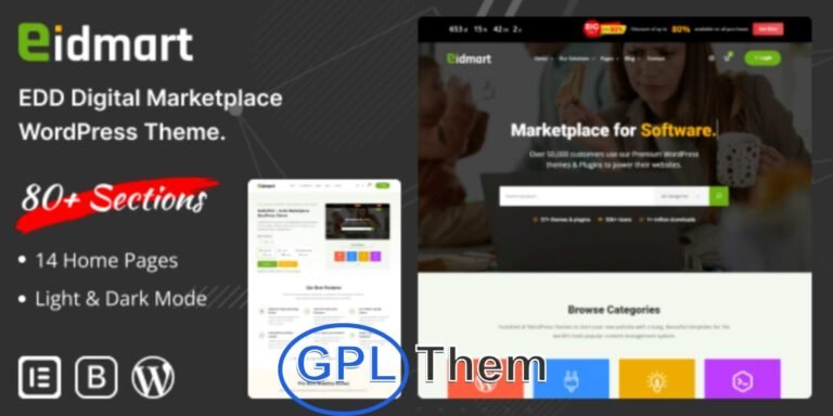 Eidmart – Digital Marketplace WordPress Theme Eidmart is a modern and fully responsive WordPress theme designed specifically for digital marketplaces. Built on WordPress and powered by Easy Digital Downloads (EDD), Eidmart allows you to sell a wide variety of digital products such as stock photos, software, themes, plugins, music, videos, eBooks, fonts, tutorials, and more.