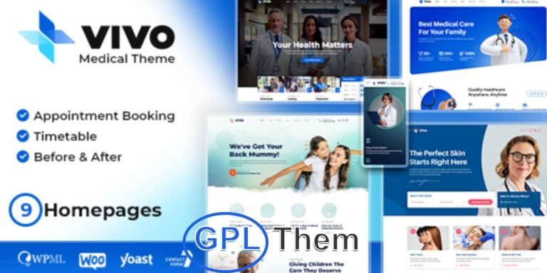 Vivo – Health & Medical WordPress Theme Vivo is a professional and responsive WordPress theme tailored for healthcare providers, medical clinics, hospitals, doctors, and surgeons. Designed to serve a wide range of medical specialties, Vivo is ideal for internal medicine, pediatrics, dentistry, dermatology, plastic surgery clinics, senior care centers, and more.