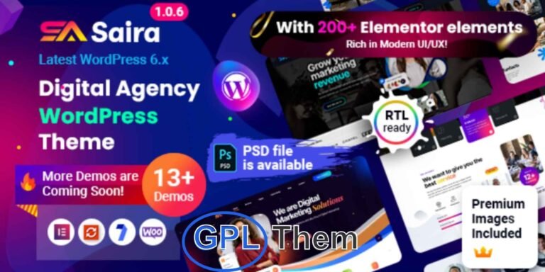 Saira – Creative Digital Agency WordPress Theme Saira is a modern and professional WordPress theme crafted specifically for digital agencies, creative studios, and marketing firms. Built on the powerful Elementor page builder, Saira delivers unmatched design flexibility, fast performance, and pixel-perfect layouts tailored to showcase your services with style.