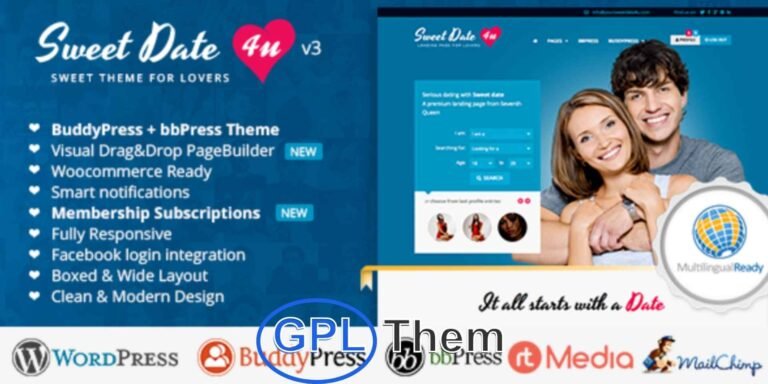 Sweet Date – Modern Dating & Community WordPress Theme Sweet Date is a sleek, clean, and fully responsive premium WordPress theme designed for dating websites, social communities, and membership platforms. Built with flexibility in mind, Sweet Date is ideal for creating engaging and interactive online communities—but it's also versatile enough to be adapted for other niche sites.