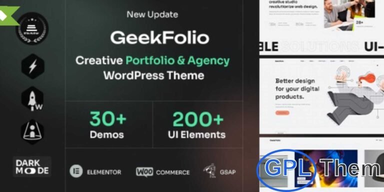 Geekfolio – Creative Portfolio & Agency WordPress Theme Geekfolio is a modern and versatile WordPress theme built with Elementor, ideal for creative portfolios, digital agencies, freelancers, startups, blogs, and content-driven websites. Fully responsive and powered by the Bootstrap framework, Geekfolio ensures your site looks stunning on all devices.