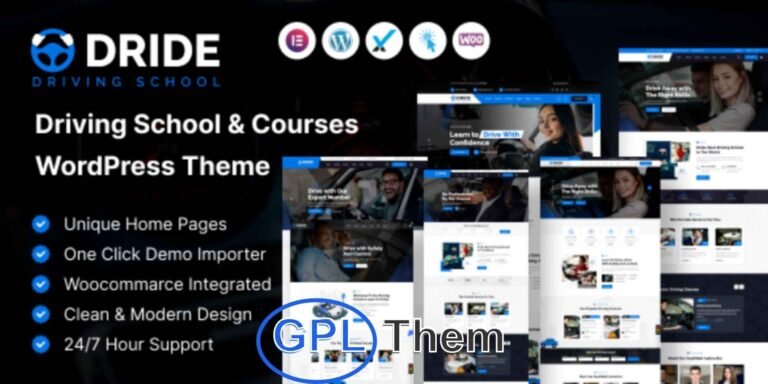 Dride – Driving School & Online Courses WordPress Theme Dride is a clean, modern, and responsive WordPress theme built specifically for driving schools, traffic education centers, and online driving courses. Based on Bootstrap and optimized for performance, it’s perfect for showcasing your training programs, managing course schedules, and converting visitors into students with ease.