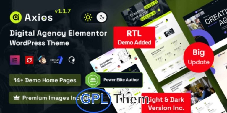 Axios – Digital Marketing & Creative Agency WordPress Theme Axios is a powerful and modern WordPress theme designed for digital agencies, SEO firms, freelancers, creative studios, and consulting businesses. Built with the Elementor Page Builder, Axios makes it effortless to create a professional website without coding.