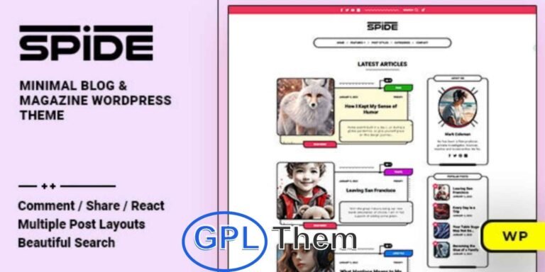 Spide – Personal Blog & Magazine WordPress Theme Spide is a modern and visually captivating WordPress theme designed for personal blogs and online magazines. Perfect for lifestyle bloggers, fashion influencers, beauty editors, and content creators, Spide offers a sleek layout and elegant design to elevate your brand.