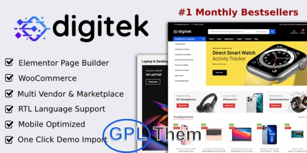 Digitek – Electronics & Multipurpose WooCommerce Theme Digitek is a modern and feature-rich WooCommerce WordPress theme built with Elementor, designed specifically for electronics stores, mobile shops, and tech-focused online businesses. With its stylish pre-built homepage layouts and seamless design, Digitek offers a professional storefront that’s ready to convert visitors into customers.
