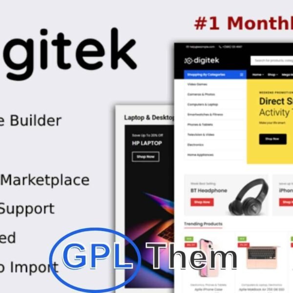 Digitek – Electronics & Multipurpose WooCommerce Theme Digitek is a modern and feature-rich WooCommerce WordPress theme built with Elementor, designed specifically for electronics stores, mobile shops, and tech-focused online businesses. With its stylish pre-built homepage layouts and seamless design, Digitek offers a professional storefront that’s ready to convert visitors into customers.