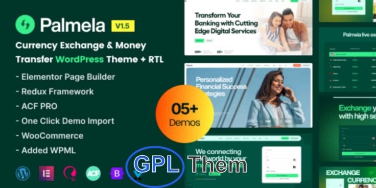 Palmela – Online Banking & Money Transfer WordPress Theme Palmela is a sleek and modern WordPress theme tailored for currency exchange, digital banking, and money transfer services.
