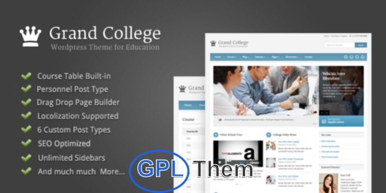 Grand College – Education WordPress Theme for Schools, Colleges & Universities Grand College is a powerful and professionally designed WordPress theme tailored for educational institutions like schools, universities, colleges, training centers, and online course platforms. With its clean and modern layout, this theme ensures your website looks polished and trustworthy.