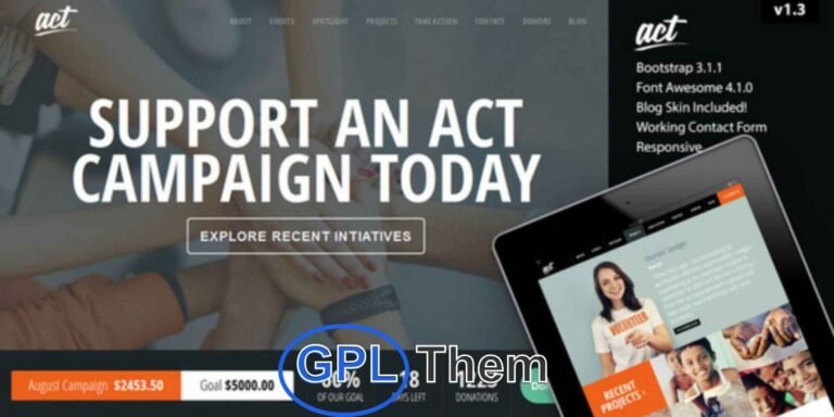 Act – Responsive WordPress Theme for Nonprofit & Charity Organizations Act is a clean, modern, and retina-ready Nonprofit Charity WordPress Theme, ideal for NGOs, fundraising campaigns, social initiatives, and donation-driven projects.