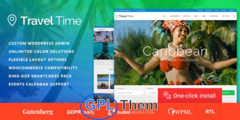 Travel Time – Tour, Travel Agency & Hotel WordPress Theme Travel Time is a versatile WordPress theme built for travel agencies, tour operators, hotels, resorts, travel blogs, and adventure parks. With a stylish and professional design, it’s ideal for showcasing travel packages, hotel accommodations, booking options, and destination highlights.