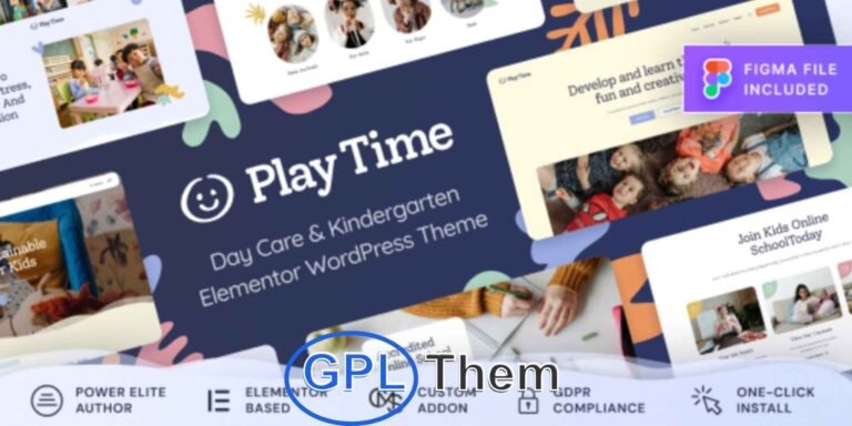 Play Time – Daycare & Kindergarten WordPress Theme Play Time is a vibrant and feature-rich WordPress theme built with Elementor, perfect for daycare centers, kindergartens, preschools, playgroups, and kids-focused businesses. It includes ready-to-use templates and a custom premium Elementor addon for quick setup and customization.