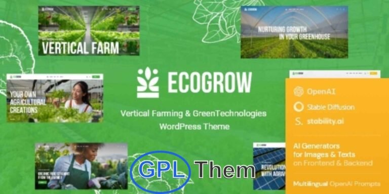 EcoGrow – Vertical Farming & Green Technology WordPress Theme with AI Integration EcoGrow is a vibrant and eco-conscious WordPress theme designed for businesses and blogs in the agriculture, vertical farming, and green technology space. Whether you're running a natural food store, an organic farm, a healthy food blog, or promoting eco-tourism, EcoGrow offers the perfect platform to showcase your mission and products.