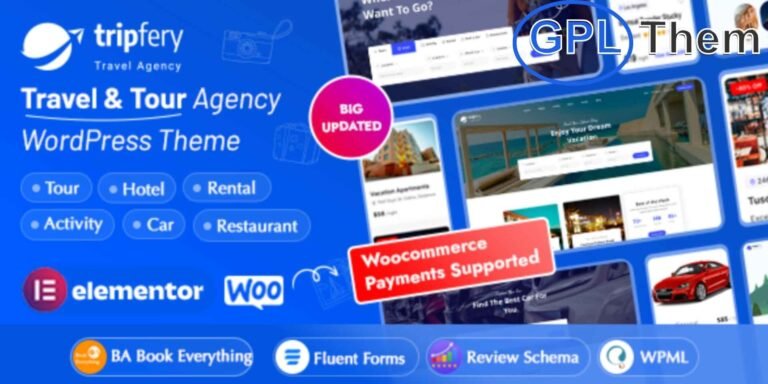 Tripfery – Travel & Tour Booking WordPress Theme Tripfery is a feature-rich and visually captivating WordPress theme designed specifically for travel agencies, tour operators, and adventure booking platforms. Whether you're offering city tours, holiday packages, or adventure getaways, Tripfery makes it easy to showcase destinations and manage bookings online.