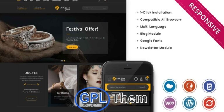 Luxolite – Elegant WooCommerce Theme for Jewelry & Accessories Luxolite is a beautifully crafted WooCommerce responsive theme designed for online jewelry stores and fashion accessory shops.