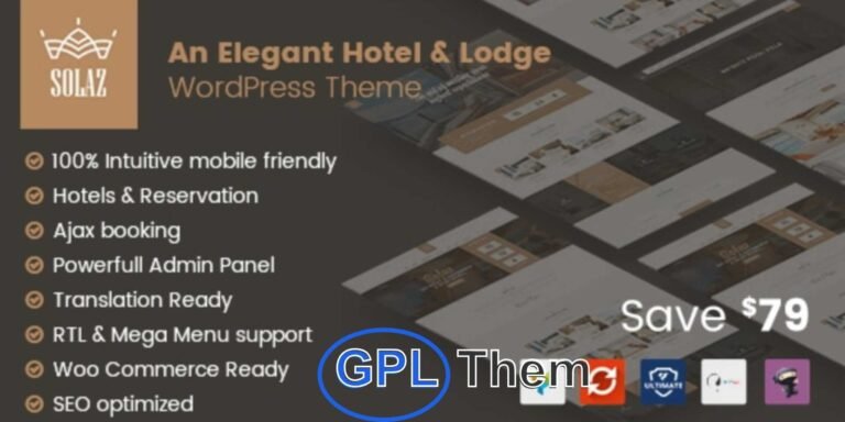 Solaz – Elegant Hotel & Lodge WordPress Theme Solaz is a stylish and professional WordPress theme crafted specifically for hotels, lodges, motels, resorts, inns, and bed & breakfast establishments. Designed to convey comfort and sophistication, Solaz combines a warm color palette with a clean, inviting layout to make your accommodation website stand out.