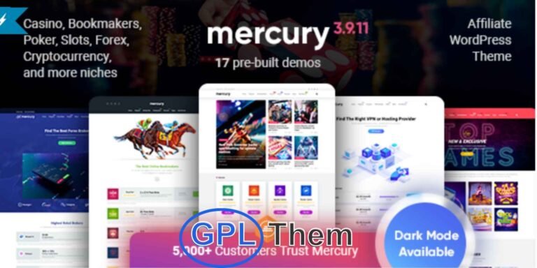 Mercury – Casino & Gambling Affiliate WordPress Theme for Reviews and News Mercury is a powerful and user-friendly affiliate WordPress theme designed specifically for casino, gambling, and other high-conversion niches. Ideal for building profitable affiliate websites, Mercury lets you publish reviews, news, rankings, and promotional offers—all without needing any coding skills.