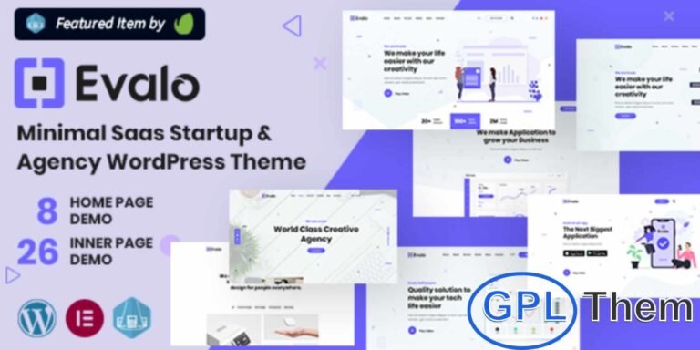 Evalo – Minimal SaaS, Startup & Agency WordPress Theme Evalo is a sleek, modern, and minimal WordPress theme crafted for startups, digital agencies, and corporate businesses. Perfect for showcasing SaaS products, mobile apps, IT services, software companies, and creative portfolios, Evalo offers a clean design with powerful functionality.