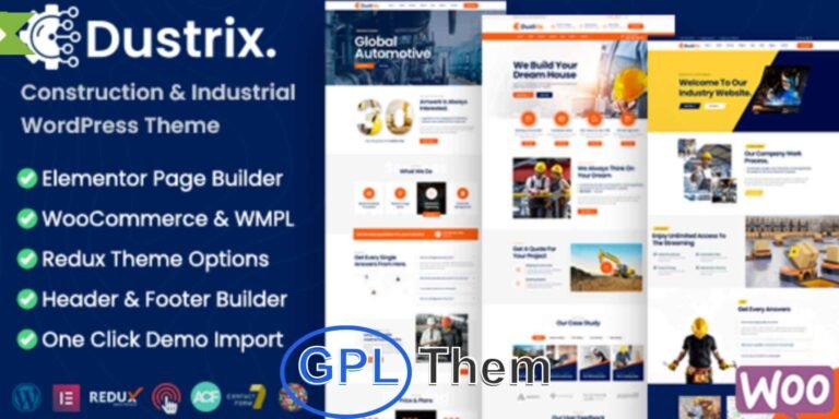 Dustrix – Construction & Industrial WordPress Theme Dustrix is a powerful and fully responsive WordPress theme tailored for construction, engineering, industrial, renovation, architecture, electrician, factory, and handyman service websites. With its retina-ready design and flexible layout options, Dustrix helps you create a professional and visually appealing website that works seamlessly on all devices.