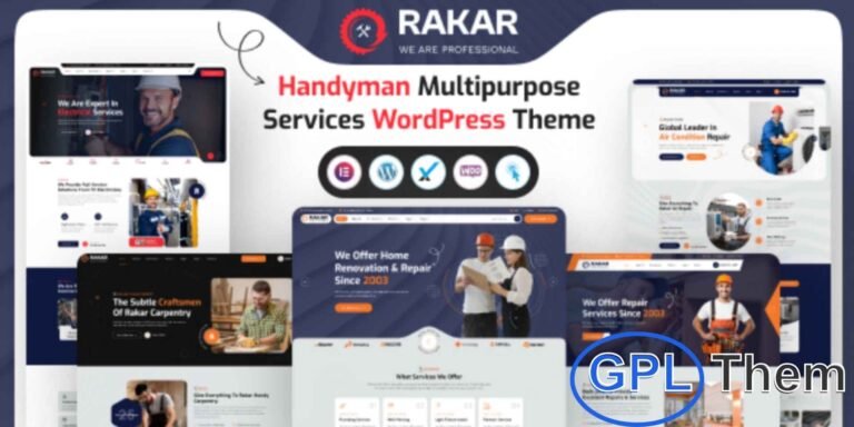 Rakar – Multipurpose Services WordPress Theme Rakar is a versatile and modern WordPress theme tailored for home repair and maintenance services. Ideal for professionals offering electrical services, drain cleaning, water heater installation and repair, carpentry, painting, touch-ups, and drywall repair, Rakar makes it easy to build a clean, professional website for your service business.