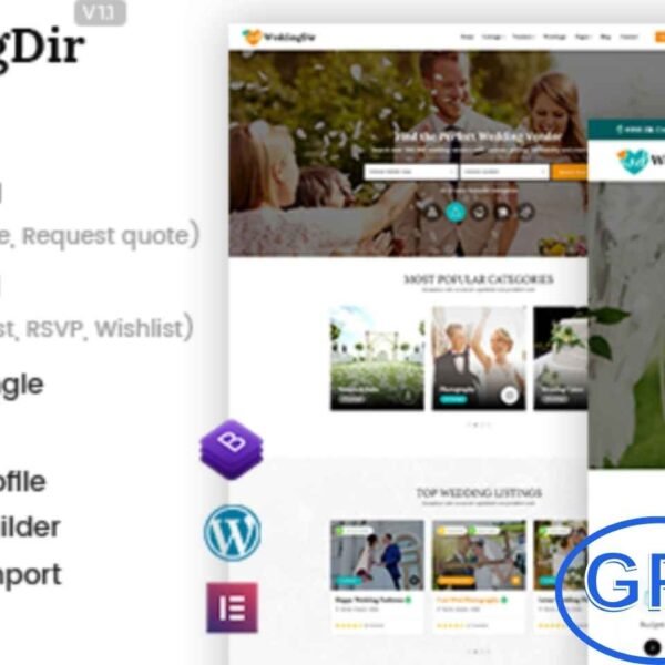 WeddingDir – Wedding Vendor & Supplier Directory WordPress Theme (Includes All Plugins & Addons) WeddingDir is a powerful and user-friendly WordPress theme designed specifically for creating a wedding vendor and supplier directory or marketplace. Whether you're building a platform for couples to find trusted vendors or helping businesses grow their visibility, WeddingDir is the ultimate solution.