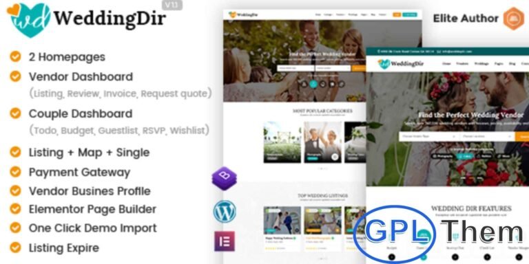 WeddingDir – Wedding Vendor & Supplier Directory WordPress Theme (Includes All Plugins & Addons) WeddingDir is a powerful and user-friendly WordPress theme designed specifically for creating a wedding vendor and supplier directory or marketplace. Whether you're building a platform for couples to find trusted vendors or helping businesses grow their visibility, WeddingDir is the ultimate solution.