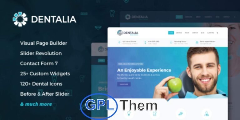 Dentalia – Dentist & Medical Services WordPress Theme Dentalia is a modern, fully responsive WordPress theme crafted for dentists, dental clinics, healthcare professionals, and medical service providers. Designed to help you build a professional and trustworthy online presence, Dentalia features a clean layout, unlimited color options, and an intuitive drag-and-drop page builder—making customization simple and code-free.