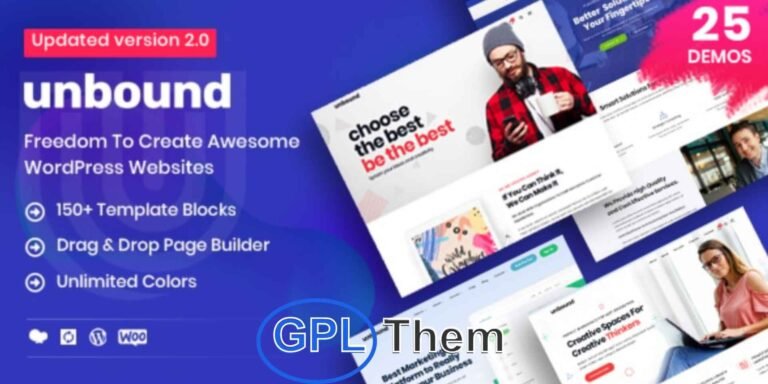 Unbound – Multipurpose Business & Agency WordPress Theme Unbound is a flexible and high-performance WordPress theme designed for business agencies, corporate firms, and consulting companies. Featuring 25+ pre-built demos and 100+ template blocks, Unbound makes it easy to create a fully customized, professional website in no time—no coding required.