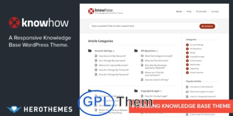 KnowHow – Knowledge Base & Support WordPress Theme (SEO Optimized) KnowHow is a fast, user-friendly WordPress theme designed specifically to create a professional knowledge base or FAQ support site in minutes. Ideal for businesses looking to provide self-service customer support, KnowHow helps you reduce support requests while improving user experience.