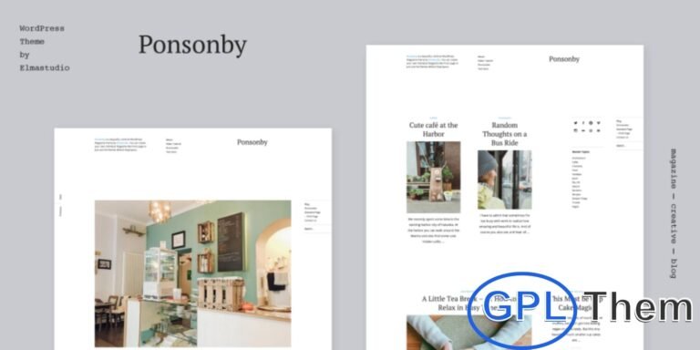 Ponsonby – Minimal WordPress Blog & Magazine Theme by Elmastudio Ponsonby is a clean and responsive WordPress theme designed by Elmastudio, perfect for bloggers and online magazines. With its minimalist layout and flexible customization, Ponsonby lets you create a personalized front page using a dedicated template, custom widget areas, and a recent posts widget.