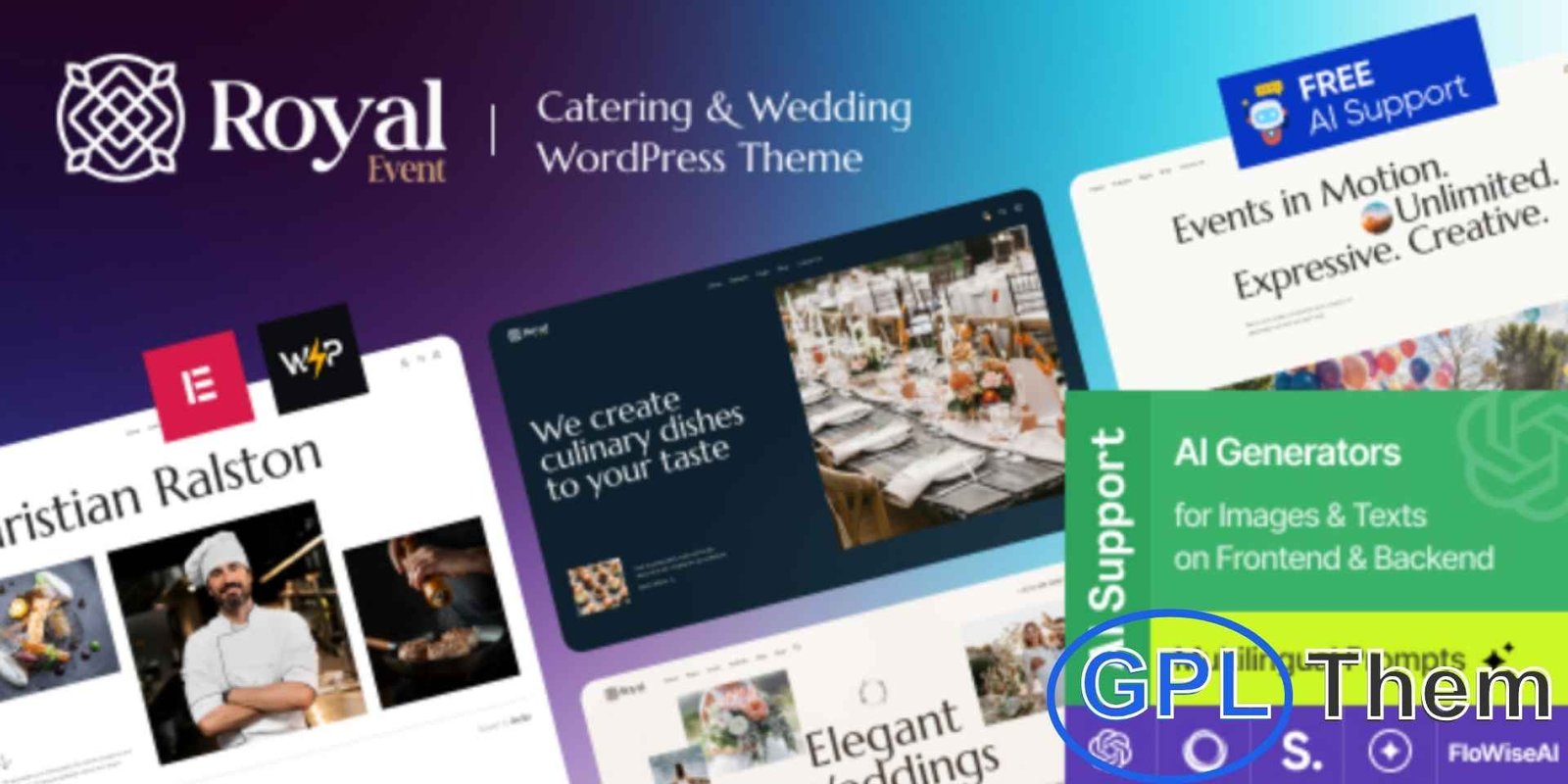 Royal Event – A Wedding Planner & Catering Company WordPress Theme + Elementor Royal Event – Elegant WordPress Theme for Wedding Planners & Catering Services Royal Event is a sophisticated and feature-rich WordPress theme designed for wedding planners, event organizers, and catering companies. With its festive, elegant design and seamless Elementor integration, it's the perfect choice for creating a stunning website that showcases your services and impresses potential clients.