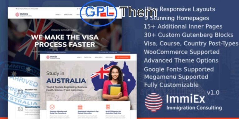 ImmiEx – Immigration, Visa Consulting & Migration Agency WordPress Theme ImmiEx is a professionally designed WordPress theme tailored for immigration consultants, visa service providers, law firms, and migration agencies. Built specifically for the visa and immigration niche, ImmiEx offers all the features you need to build a trustworthy and informative website for clients seeking immigration support.