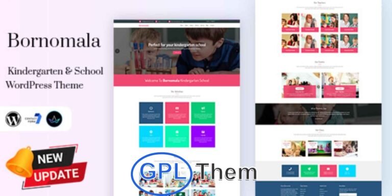 Bornomala – Kindergarten & School WordPress Theme with Responsive Design Bornomala is a clean, modern, and beautifully designed WordPress theme built specifically for kindergartens, preschools, daycare centers, and early childhood education websites. With vibrant visuals, smooth animations, and a child-friendly layout, this theme helps create a warm and welcoming online presence for your educational institution.