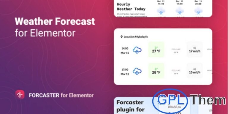 Forcaster – Weather Forecast Plugin for Elementor Forcaster is an easy-to-use WordPress plugin that displays weather forecasts for upcoming hours or days. Powered by the OpenWeatherMap API, it works with a free API key, with optional paid plans for expanded features.