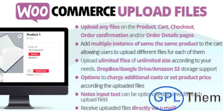 WooCommerce Upload Files WooCommerce Upload Files plugin lets your customers easily upload one or multiple files directly from the product page, checkout, or order details page. Perfect for print shops, customization services, or businesses needing customer files, this addon makes the process simple and user-friendly.
