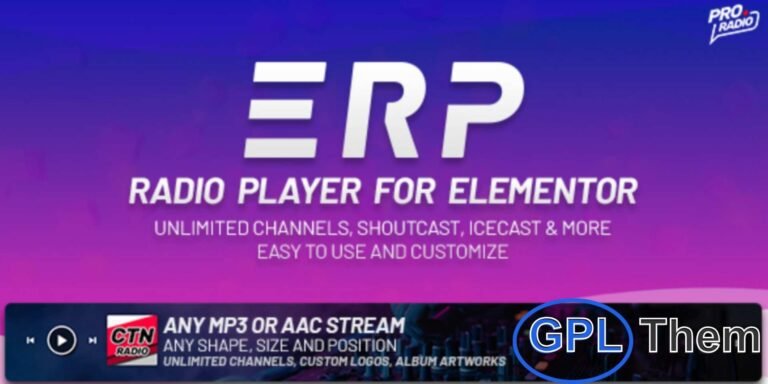 Erplayer – Radio Player for Elementor Erplayer is a powerful WordPress plugin that adds a fully customizable Radio Player widget to Elementor. Stream any web radio channel with support for Icecast, Shoutcast, and other popular sources. The plugin also displays live song titles and can optionally show the album artwork, creating an engaging and interactive listening experience for your website visitors.